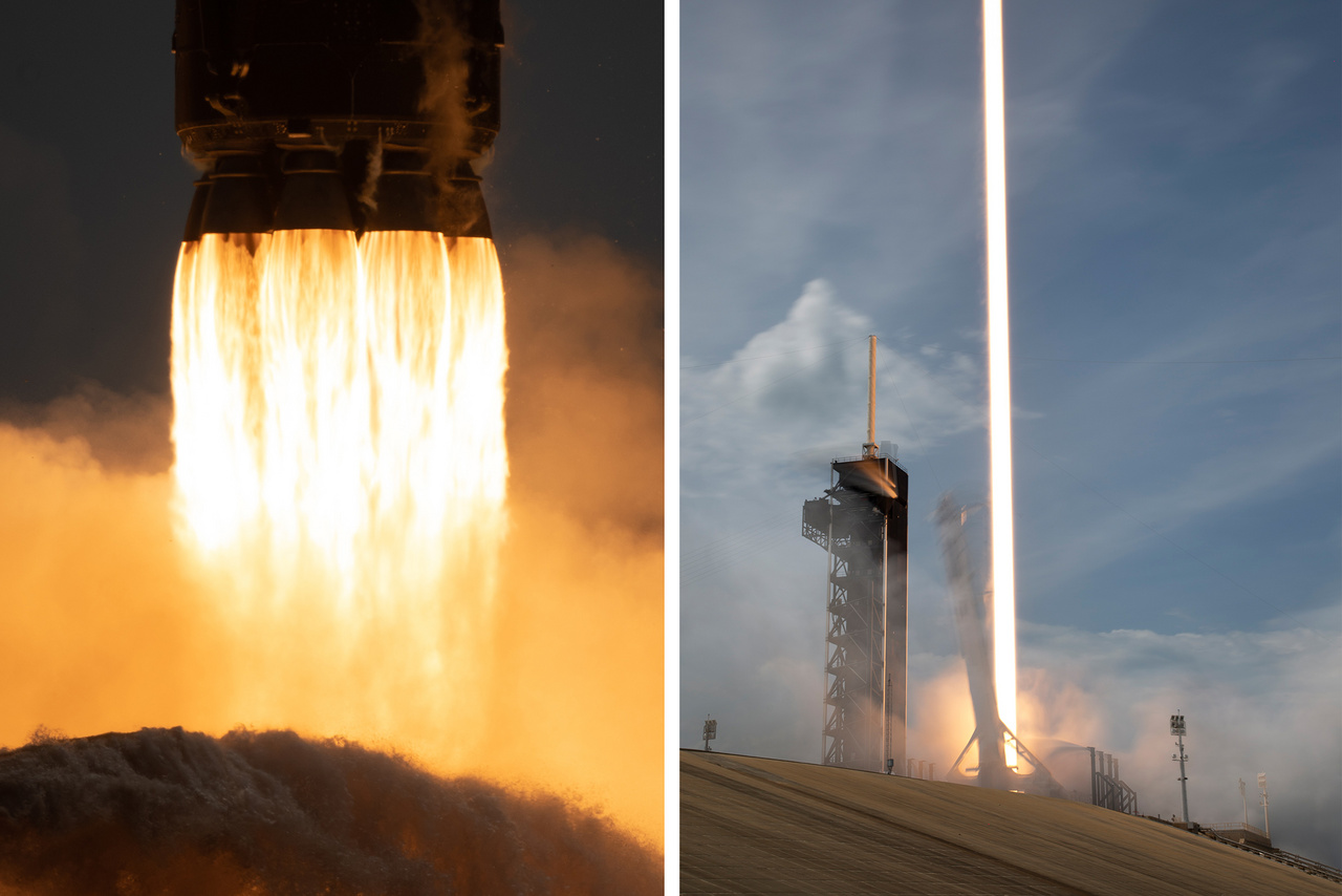 Két végletesen eltérő expozíciós idővel készült fotó a startról. A bal oldali kis záridővel készült, szinte megdermeszti a pillanatot, ahogy a kilenc Merlin hajtóműből előtörő lángok tolják a magasba a Falcon-9 rakétát, miközben a rakétára veszélyes hangrezgéseket elnyomó víz özönlik a startállás gödrébe. Jobbra egy hosszú záridővel készült fotó, amin csak az emelkedő rakétából előtörő lángok vakító fényének csíkja látszik.