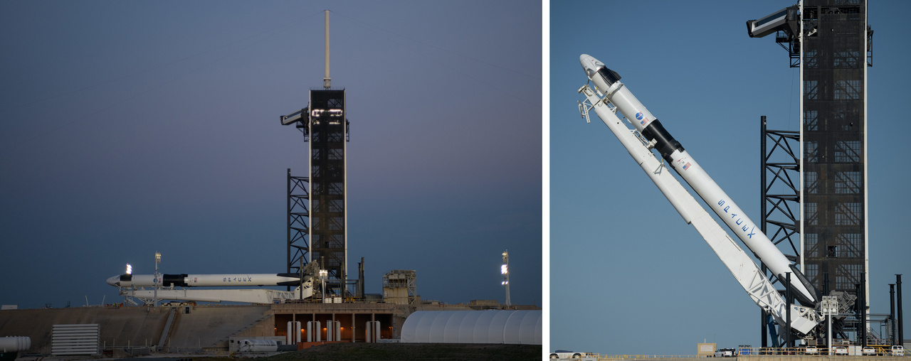 2020. május 21. Függőleges pozícióba állították a Falcon-9 rakétát. Csúcsán a Crew Dragon űrhajó készen áll a Demo-2 emberes tesztrepülésre.