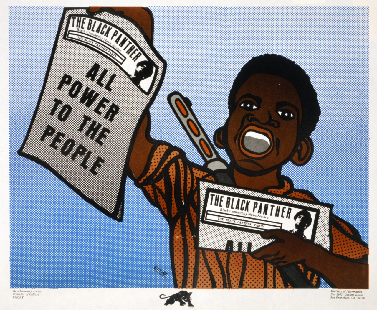 Egy újabb Emory-klasszikus 1970-ből: fiatal fegyveres rikkancs Roy Lichtensteint-idéző raszteres stílusban. "Minden hatalmat a népnek" – áll a Fekete Párducok újságjának címlapján.