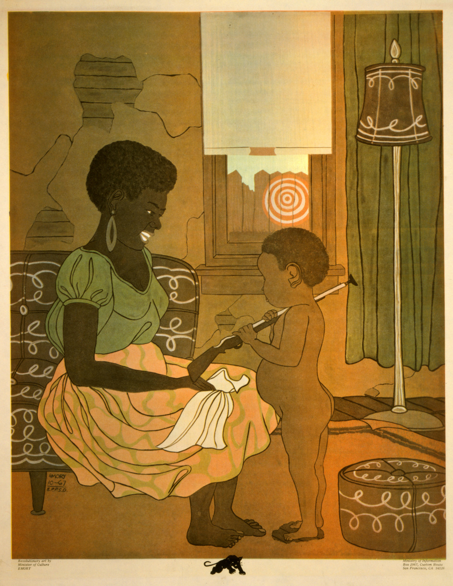 Egy 1967-es Emory Douglas plakát, rajta egy láthatóan szegénységben élő anya és játék puskát tartó kisfia. A Fekete Párducok politikai üzeneteiket gyakran ehhez hasonló, jelszavak, explicit követelések nélküli, csupán a legmélyebb érzelmekre ható képekkel közvetítették.