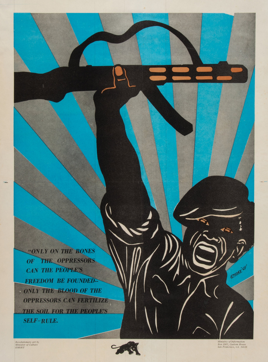 1969-es  Emory Douglas plakát. Balra alul egy korai, 1905-ös Sztálin-idézet "Csak az elnyomók csontaira lehet építeni a nép szabadságát. Csak az elnyomók vére képes megtermékenyíteni a talajt az emberek önrendelkezéséhez."