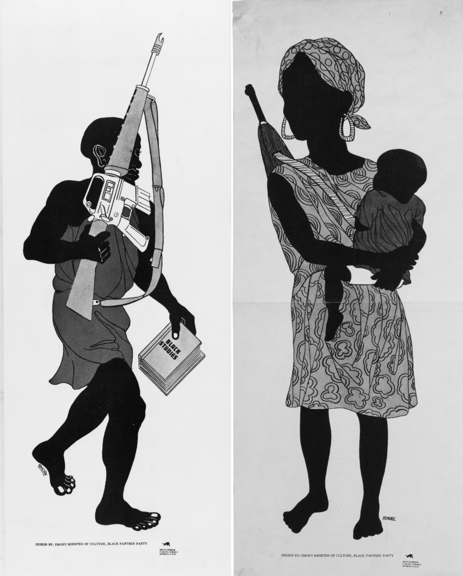 Két szöveges üzenet nélküli, monokróm Emory Douglas plakát, fegyveres feketékkel, a mozgalom kezdeti időszakából. Figyelemreméltó, hogy a bal oldali plakáton ezúttal nem szovjet Kalasnyikov, hanem az amerikai hadseregben rendszeresített M-16-os gépkarabély látható. 