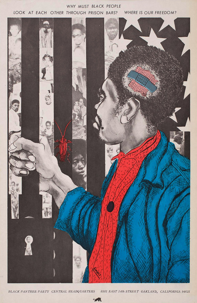 "Miért kénytelenek a feketék a börtön rácsain át nézni egymásra? Hol a mi szabadságunk?" – Emory Douglas 1971-es plakátja.