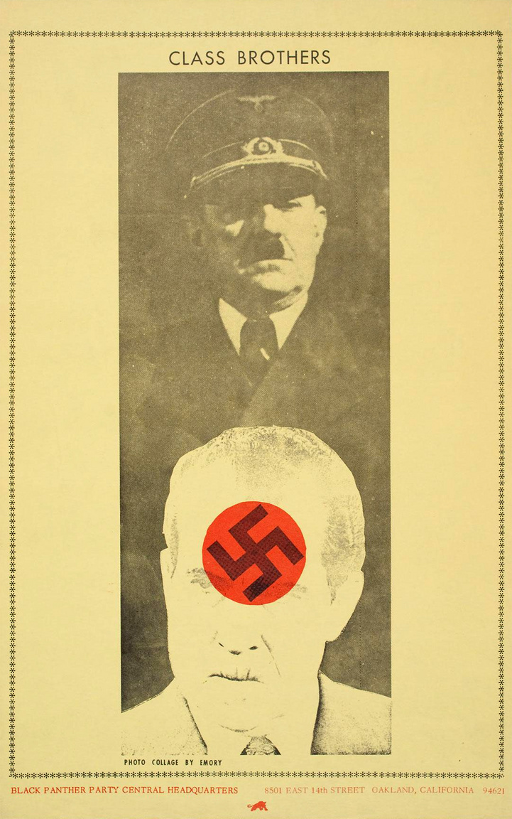 "Osztálytestvérek" – Emory Douglas Adolf Hitlert és Richar Nixon amerikai elnököt párhuzamba állító plakátja 1973-ból.