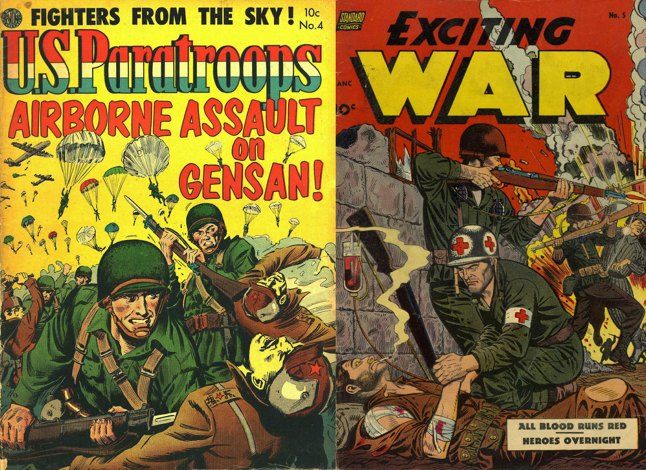 Az Avon és a Standard Comics címlapjai 1952-ből arról tanúskodnak, hogy a kézitusa legalább olyan fontos volt a koreai ütközetekben, mint a vadászgépek és harckocsiosztályok bevetése. Mindemellett figyeljük meg a bal oldali rajzon a tipikus háborús rasszizmust, hogy a mindenre elszánt amerikai desszantosok sztereotipikusan sárga bőrű koreaikat – a "sárga veszedelem" katonáit – ölnek halomra.