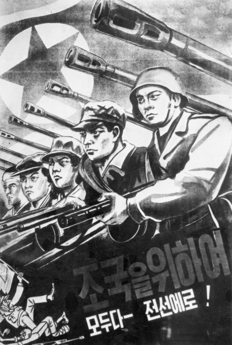 "Harcba mindenki, a hazáért!" – üzenik az eltökélt, tiszta tekintetű, dobtáras gépfegyvert markoló katonák ezen az észak-koreai plakáton, 1950 szeptemberéből.
