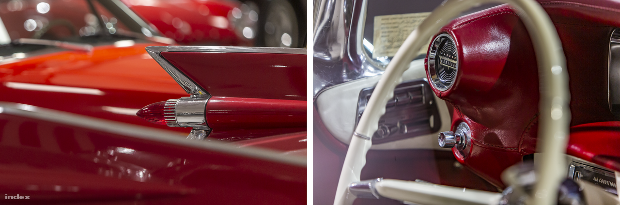Árulkodó részletek – Harley Earl, General Motors vezető dizájnere az 1948-es Cadillac tervezésekor a repülőgépiparhoz fordult inspirációért: kis szárnyakat rajzolt az autó farára, a féklámpák köré. A cápauszonyoknak is nevezett dizájnelemek hamar népszerűvé váltak és szinte az összes nagy amerikai autómárkán megtalálhatók voltak. Ezen az 1959-es évjáratú, V8-as, 6390 köbcentis Cadillac 62-es országúti cirkálón is jól megfigyelhetők a katonai repülés ihlette részletek.
