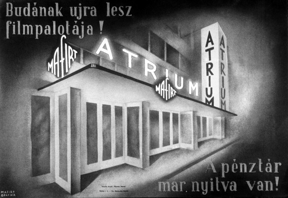  1947. Az Átrium mozi megnyitójára készült korabeli plakátrajz.