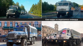 Orosz karhatalmi teherautókra hasonlító konvoj halad Belarusz felé