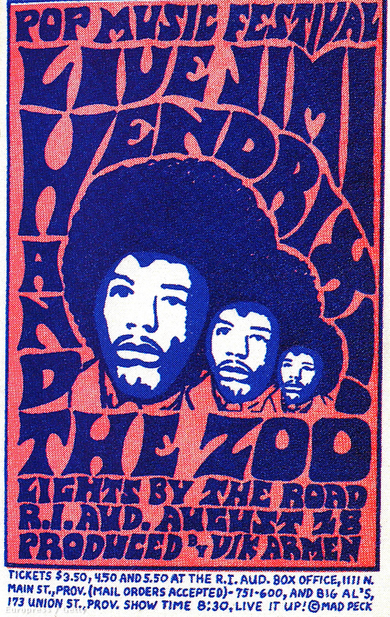 Koncertplakát 1968-ból, amin a Jimi Hendrix and the Zoo név előrevetíthette a Jimi Hendrix Experience végét is.