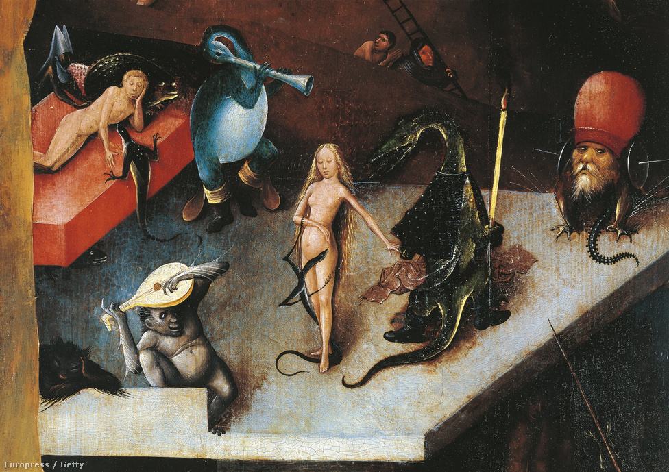 Hieronymus Bosch holland festő (1450-1516) - Az utolsó ítélet c. triptichonjának részlete. Bosch volt az első művész, aki az embert esendőnek ábrázolta a pokolban, szembemenve az akkori idők ikonikus emberábrázolásával. Bosch ezzel jócskán meghaladva korát letette a XX. századi szürrealista festészet alapjait.