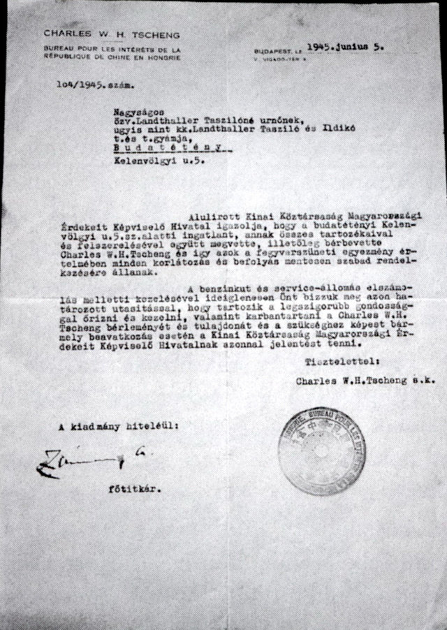 Az 1945-ben a kínai nagykövetség által kiállított dokumentum