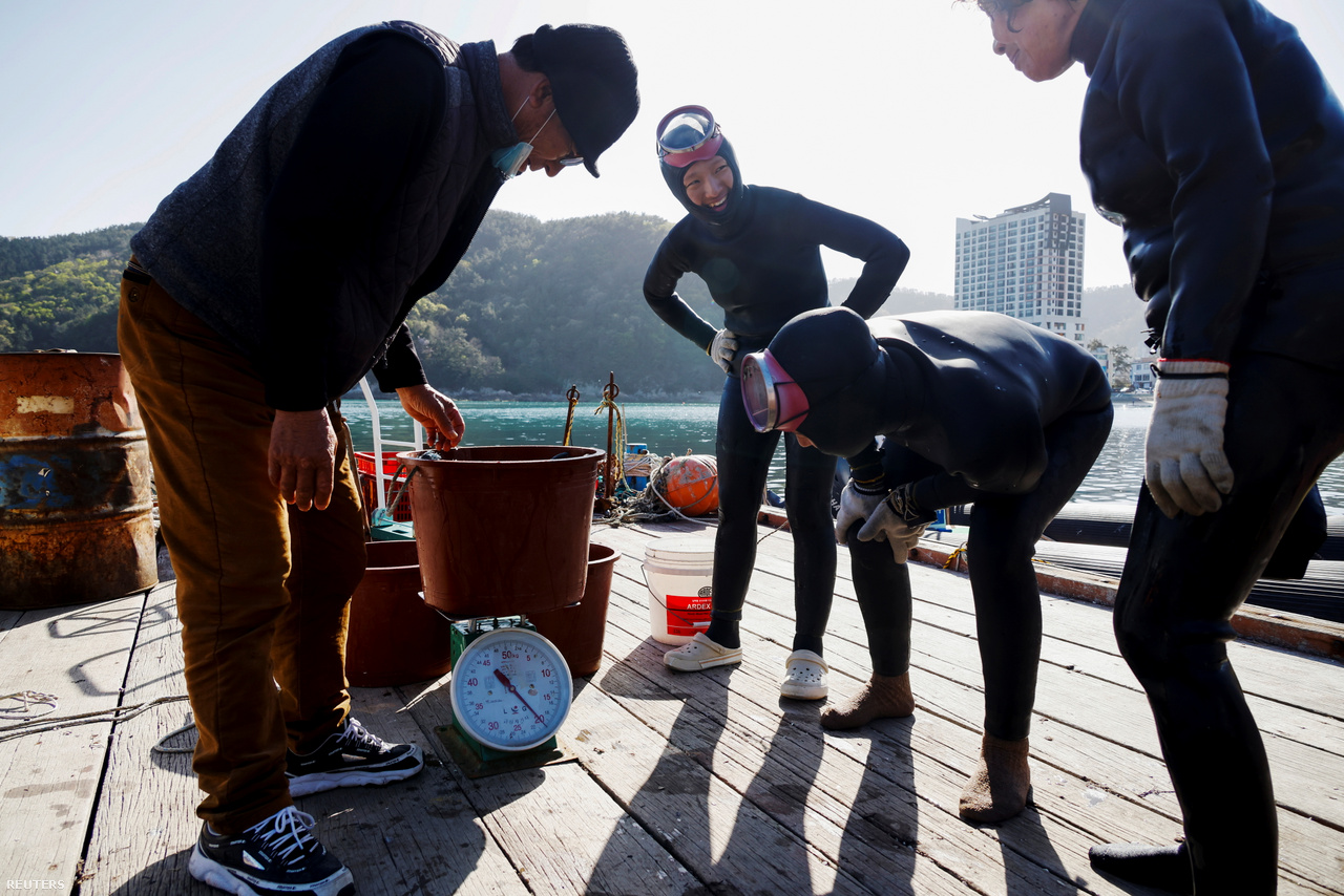Dzsin, Vu és Kim Mjungszun szemlélik a zsákmányt 2021. március 30-án Kodzse partjainál.
                        