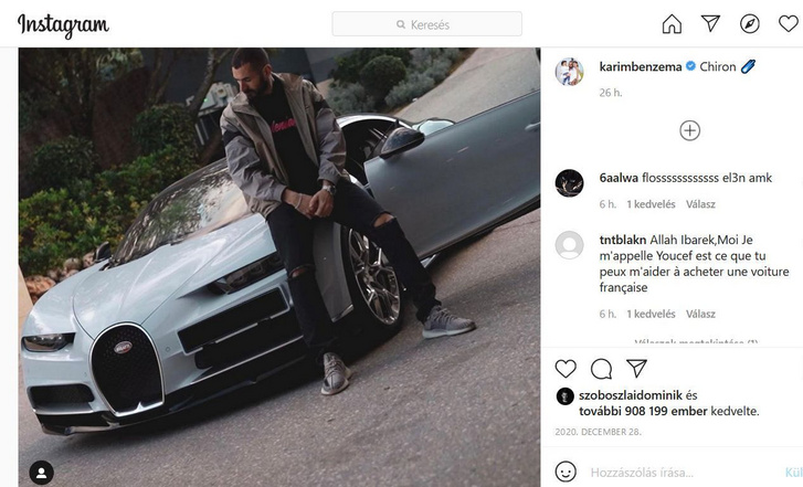 Karim Benzema és a Bugatti Chiron (forrás: Instagram)