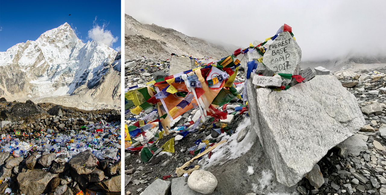 Az egyszer használatos műanyaggal 8000 méter magasan is találkozunk. Több tonna szemetet gyűjtöttek össze a Mount Everest alaptáborában és a hegytetőkön Nepálban és a tibeti (Kína felöli) oldalon is az utóbbi két évben. Míg a nagyobb hulladékokat, eldobott PET palackokat, sátrakat, kulacsokat vagy konzerveket össze lehet gyűjteni, a ruházatból és felszerelésekből származó mikroműanyagot nem; az olvadó hóval a forrásokba, majd folyókba, végül a tengerekbe kerül.  A csúcshódítási biznisz futószalagon szállítja a hegymászókat a Himalájához, mely valóságos közlekedési dugókat eredményez, naponta több százan tolonganak a hegyi utakon. A hatóságok többféle intézkedéssel próbálják visszaszorítani a mászókedvet, illetve szemétszedésre buzdítani a hegymászókat.
                        