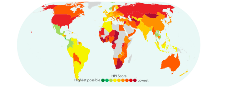 BBI értékei: a zöldes színek a magasabb értékeket, a pirosas színek az alacsonyat mutatják. Forrás: Happy Planet Index