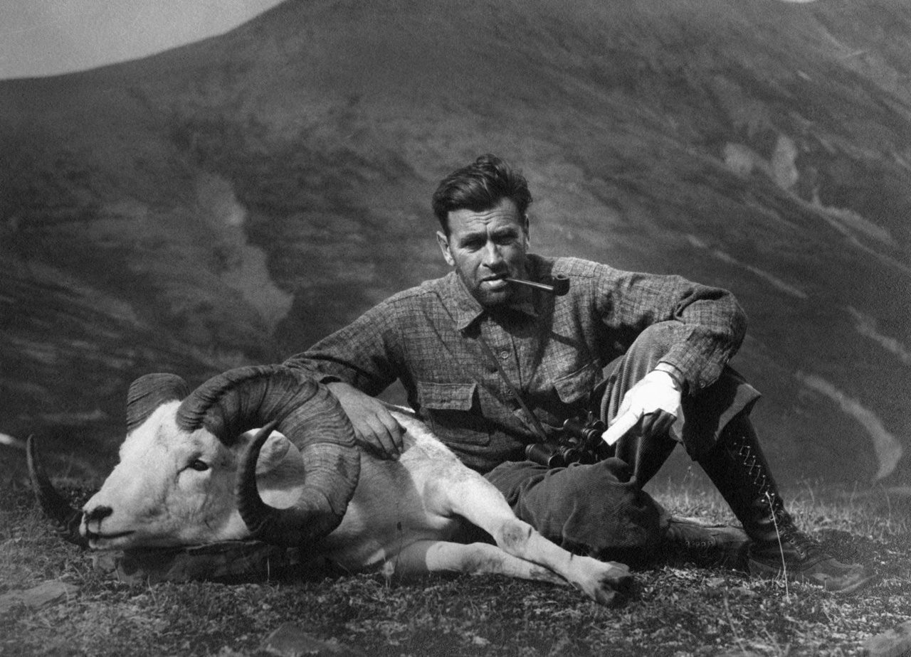 Széchenyi Zsigmond az alaszkai vadászaton lőtt második kosával. Alaszka, Kenai-félsziget. 1935. augusztus 22. 