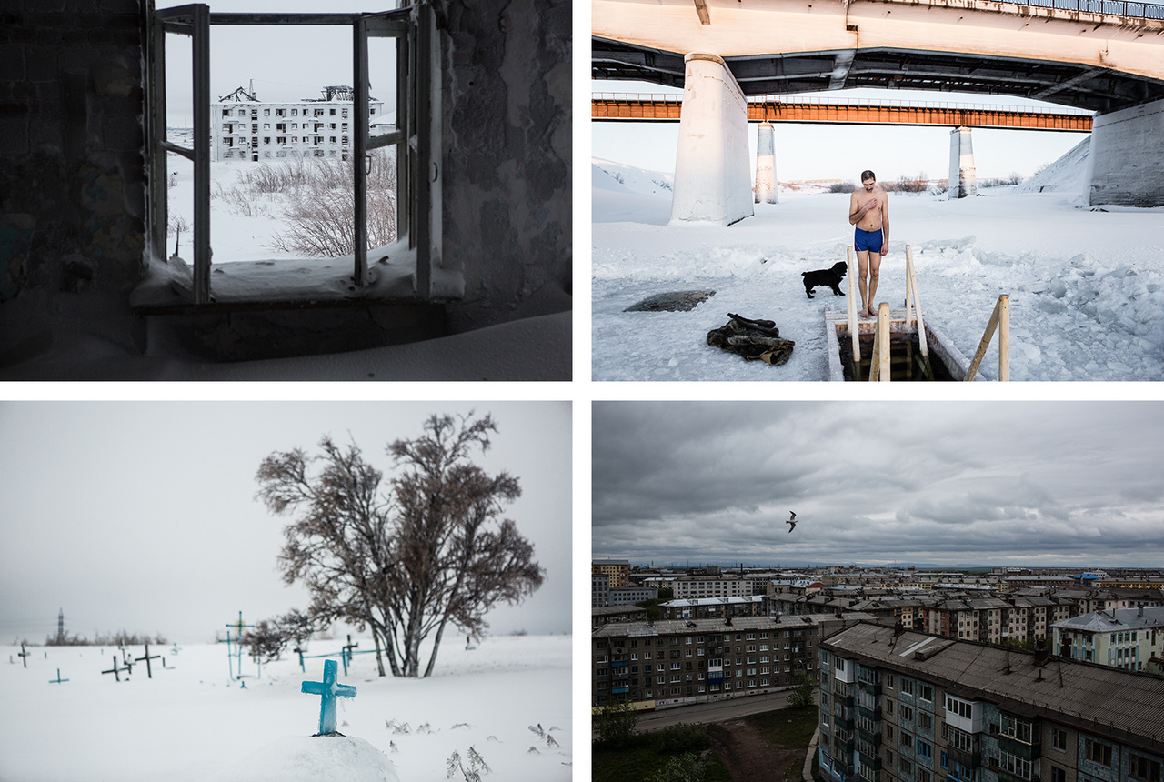 Balra fent: Egy elhagyatott lakóépület. Jobbra fent: Mielőtt elmerülne a jéglyukban, elmorzsol egy imát.Balra lent: A gulág áldozatainak temetője. 
                        Jobbra lent: Az ötemeletes Hruscsjovki nevű épületet még az 50-es, 60-as években emelték Vorkutában Nyikita Hruscsov tiszteletére. 
                        