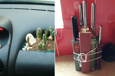8 DIY-projekt, aminek nem lett volna szabad megszületnie: kaktuszkert a kocsiban, könyvből fabrikált késtartó