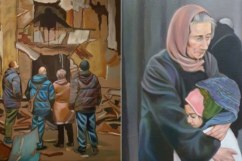 Lerombolt házak, síró gyermekek, menekülő családok - Megrázó festményeken az ukrán emberek küzdelmei