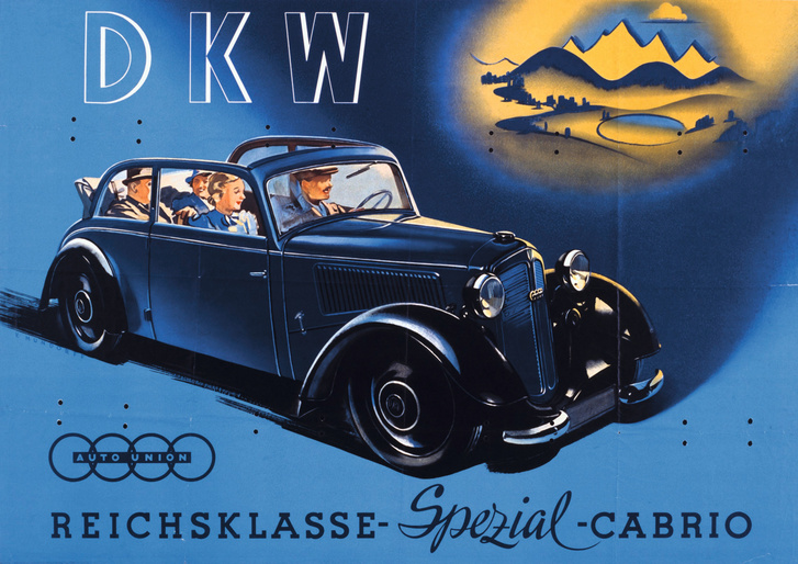 Plakáton a legkisebb és legolcsóbb DKW a Reichsklasse. Négy generációban gyártották 1933 (F2) és 1940 (F8) között