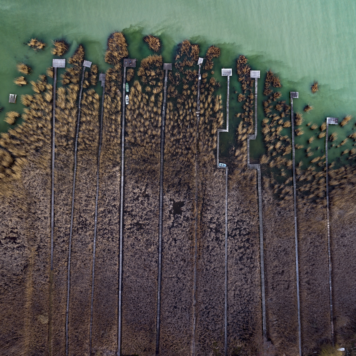 Balatoni stégek
                        A Balaton északi partján található mólók, amelyek a hosszú nádason keresztül kötnek össze minden egyes nyaralót a hozzá tartozó csónak-beállókkal és horgász-helyekkel.
                        Ábrahámhegy, Magyarország, 2019