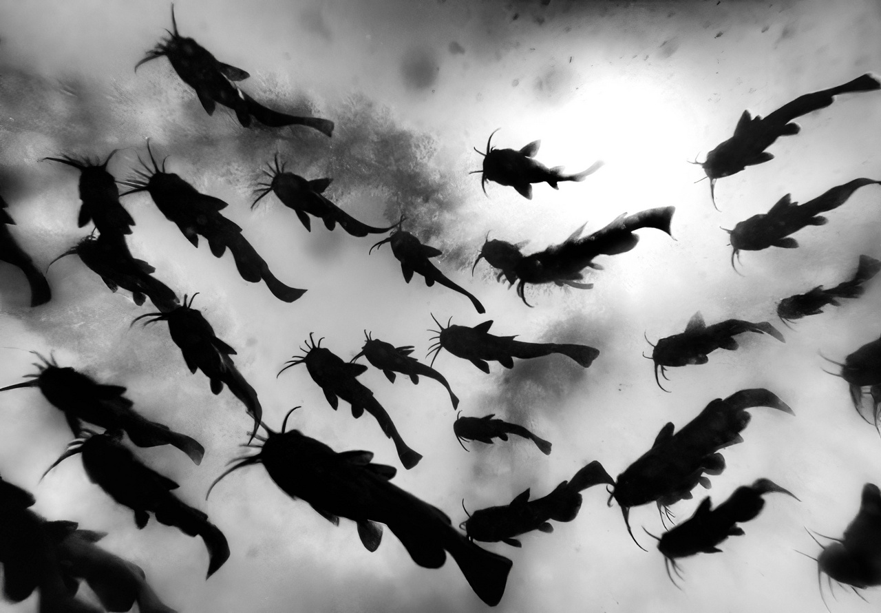 Feketefehér természetfotók – 2. díj – Daróczi Csaba: Fekete sereg – A soltvadkerti tóban a nyáron megláttam, hogy fiatal törpeharcsa csapat úszkál a part menti vízben. Szerencsére a víz viszonylag tiszta volt így lehetőség nyílt a fotózásukra. Azt szerettem volna, hogy a halak sziluettszerűen látszódjanak, így az ég lett a hátterük. A Gopro kamerámat egy teleszkópos rúdra erősítettem, és ezzel követtem a csapat mozgását. Több napon keresztül jártam vissza hozzájuk és rengeteg kép készült róluk.