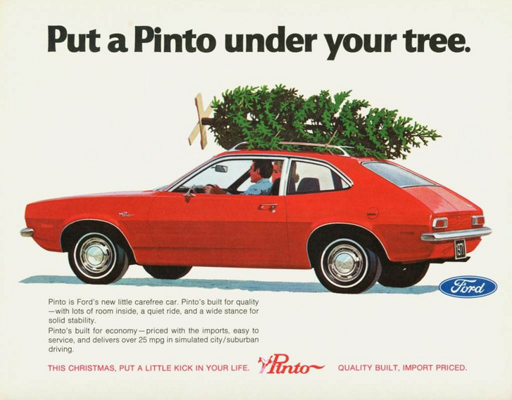 1971-ben a Ford szintet lépett a rögzítés nélküli fenyőfaszállítással, a Pinto már talppal előre szállítja a fát
