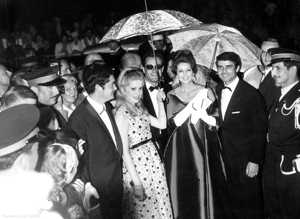 A színésznő Jaques Demy rendezővel, Michel Legrand zeneszerzővel, Anne Vernon színésznővel és Nino Castelnuovo olasz színésszel az 1964-es Cannes-i Filmfesztiválon. A Cherbourgi esernyők című filmet népszerűsítik, ami meghozta a világhírt Deneuve-nek. Geneviéve-et, egy esernyőboltban dolgozó lányt játszik, akit anyja eltilt a szerelmétől, ráadásul a fiút elviszik katonának.