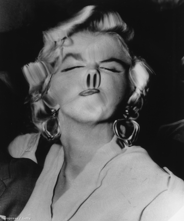 Marilyn Monroe (1926–1962) malackaorral. Weegee egyik leghíresebb torzképe, ami egy elállított, műanyag lencsével készült. 