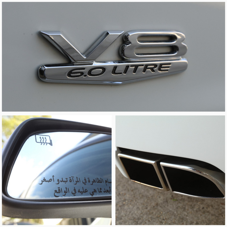 V8 6.0 Litre felirat a sárvédőn, 2x2 kipufogócső, arab felirat a visszapillantó tükör lapján
                        