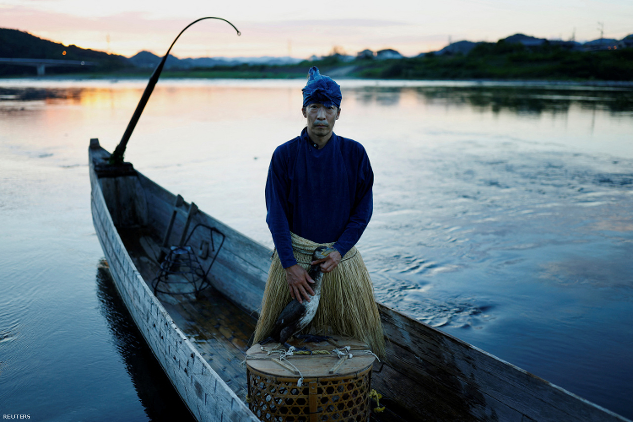 Adacsi mester büszkén pózol csónakjában egyik szelidített kormoránjával az esti halászat előtt a Nagara folyón Ozénál. 2023. szeptember 9.
                        