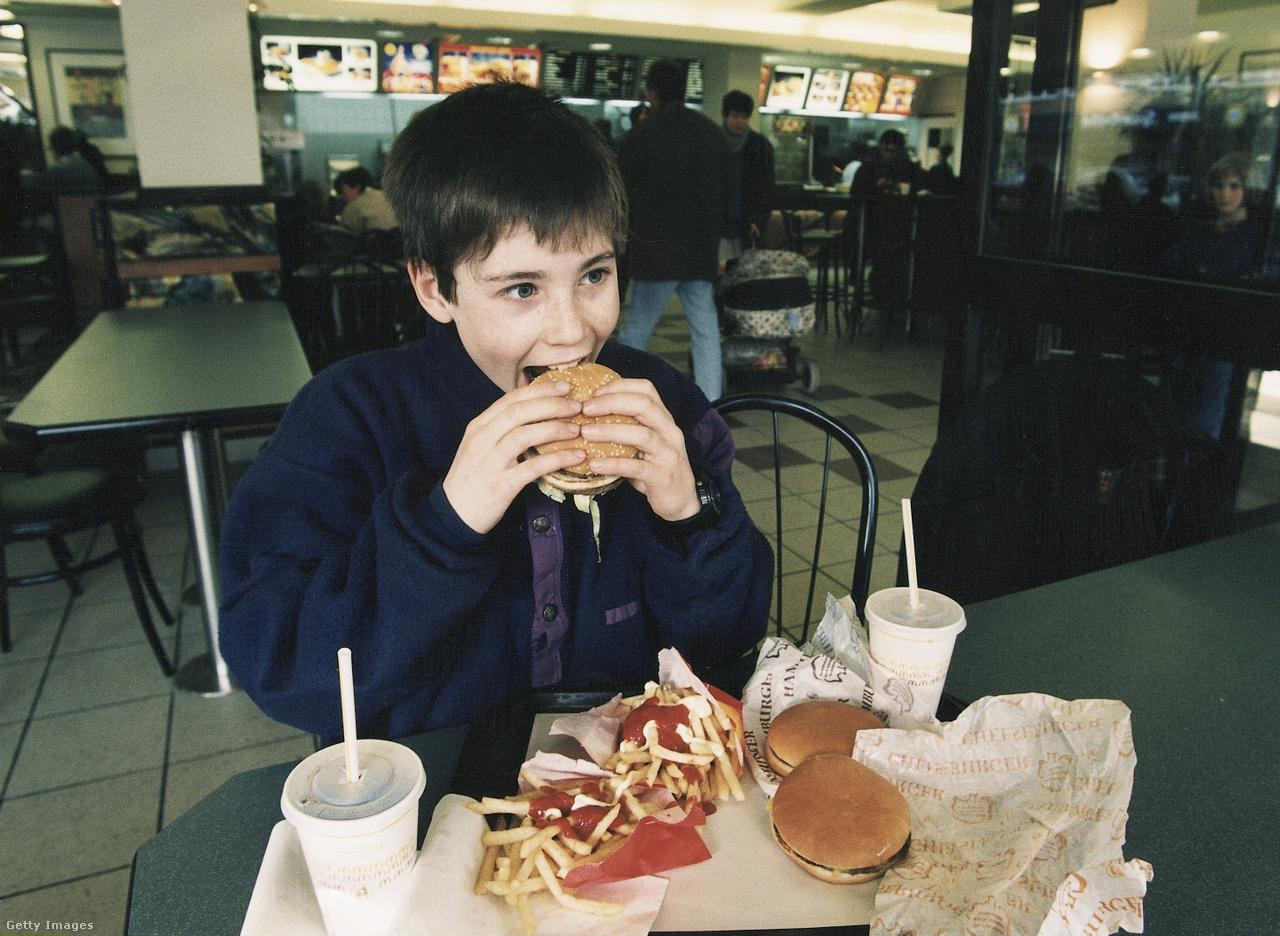 Németország, 1996. március 19. Egy 10 év körüli fiú hamburgert és sült krumplit eszik az egyik McDonald's-ban 