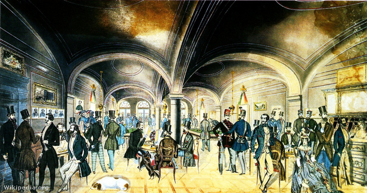 A Pilvax kávéház belső tere a reformkorban, Preiszler József színezett tollrajza