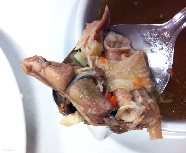 Fekete lábú csirke nyakából készült leves, fitness zöldség torrinéval
                        (sárvári menza)