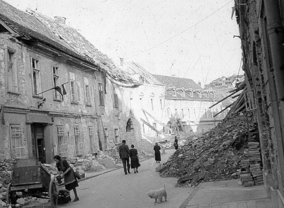 Az 1944. december 25. és 1945. február 13. között lezajlott budapesti harcok során a Várnegyed valóságos romhalmazzá vált, mivel a magyar hadsereggel, valamint az őket támogató nyilasokkal együtt itt bekerített 8. és 22. SS lovasezred nem tudott kitörni az Ördög-árok felé a hegyek felé. A fenti kép 1945-ben készült az Úri utcában, a Nőegylet utca felől a Szentháromság utca felé nézve, ahol az óvóhelyekről felmerészkedő helyi lakosok között egy gazdátlan puli is bóklászott.